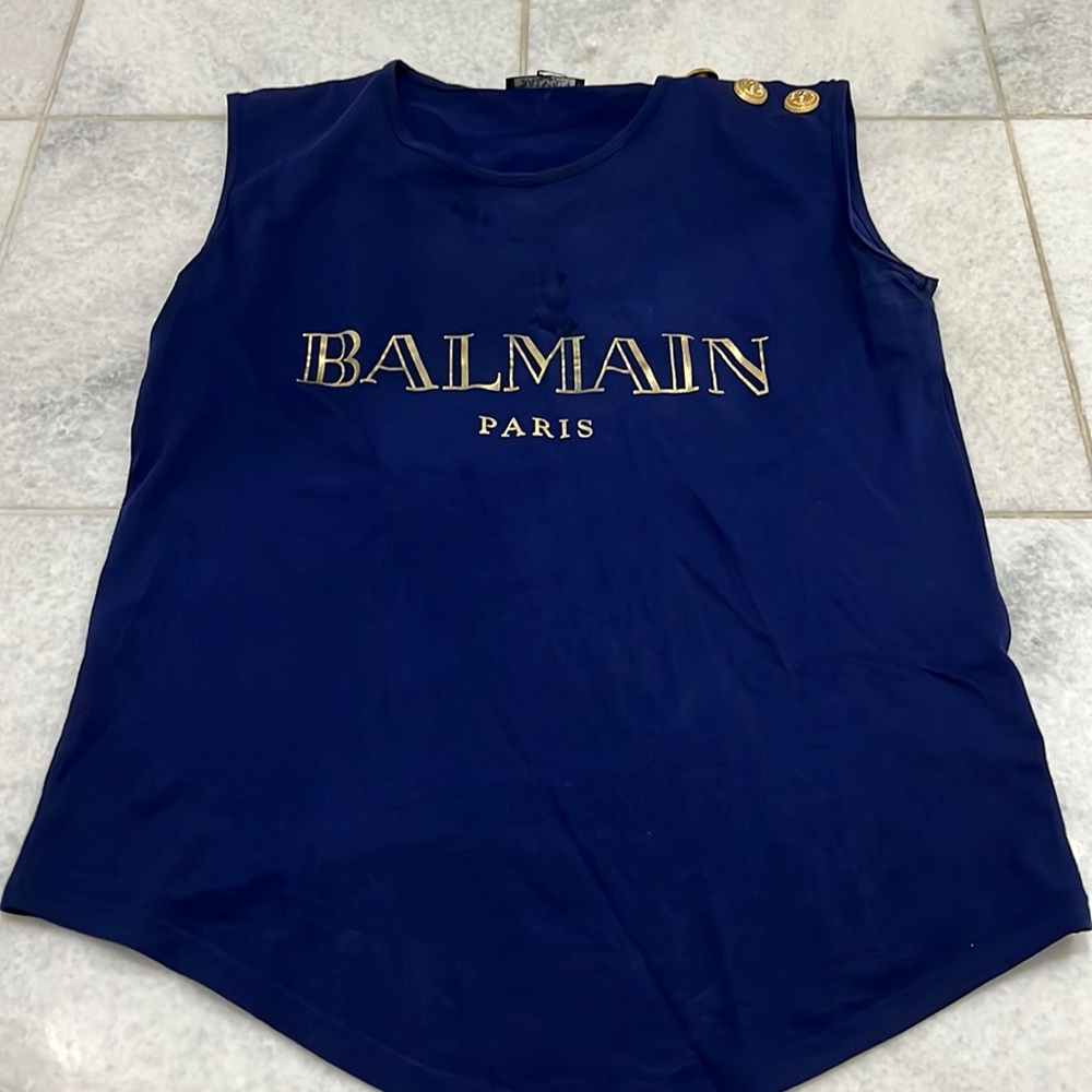 BALMAIN PARIS SLEEVELESS NAVY BLUE SHIRT SIZE 34